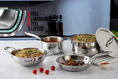 Sumeet Cook Smart TriPly Stainless Steel 5Pc Induction Base Cookware Set of Deep Kadai - 20cm - 1.7L, Frypan - 20Cm - 1 LTR, Saucepan - 14Cm, Casserole - 20cm - 2.9Ltr & Steel Lid, Pack of 5 - Silver