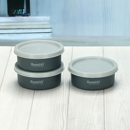 Sumeet Microwave Safe Stainless Steel Air Tight & Leak Proof Lunch Boxes/Storage Containers with Lids for Kitchen/Office/School, 240ml, set of 3, Grey