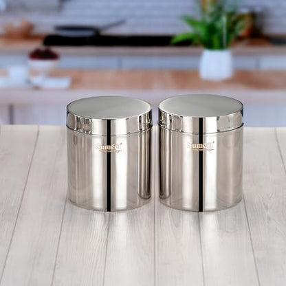 Sumeet Stainless Steel Containers/Jars/Dabba for Kitchen Storage with Lids - set of 2Pcs, 1250ml capacity, 11.5cm Dia, Silver