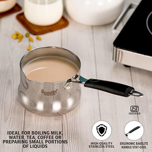 Sumeet ISI Certified Stainless Steel Heavy Gauge Coffee/Tea Maker, Milk Warmer Pot with Even & Faster Heating, Food Safe, Durable, Easy to Pour - Induction & Gas Stove Ready - 11cm, 800ml, Silver