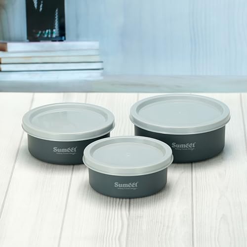 Sumeet Microwave Safe Stainless Steel Air Tight & Leak Proof Lunch Boxes/Storage Containers with Lids for Kitchen/Office/School, 240ml, 320ml, 420ml, set of 3, Grey