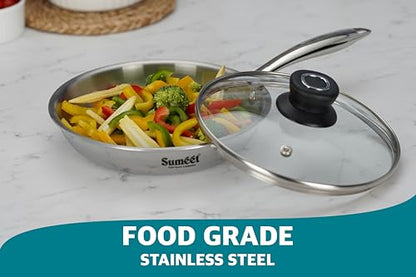 Sumeet Cook Smart TriPly Stainless Steel Induction Base Frypan with Glass Lid - 1.4 LTR - 22Cm, Pack of 1, Silver