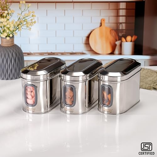 Sumeet ISI Certified Stainless Steel Capsul Canister/Container for Kitchen Storage with See Through Window - Set of 3 Pcs - 1400ml, Silver