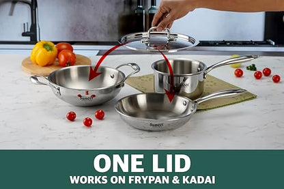 Sumeet Cook Smart TriPly Stainless Steel 4Pc Induction Base Cookware Set of Deep Kadai - 20cm - 1.7L, Frypan - 20Cm - 1 LTR, Saucepan - 14Cm - 1.150 LTR & Steel Lid, Pack of 4, Silver