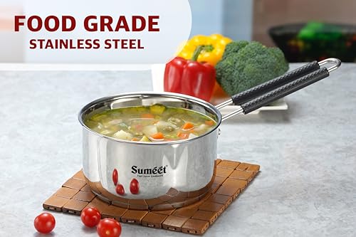 Sumeet Stainless Steel Induction Bottom Gas Stove & Induction Friendly Saucepan with Bacelite wire handle, 1750ml, 16 cm Dia, Silver