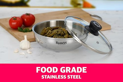 Sumeet Cook Smart TriPly Stainless Steel Induction Base Deep Tasra with Glass Lid - 1.4 LTR - 18Cm, Pack of 1, Silver