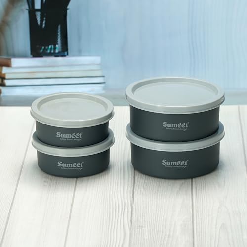 Sumeet Microwave Safe Stainless Steel Air Tight & Leak Proof Lunch Boxes/Storage Containers with Lids for Kitchen/Office/School, 240ml, 420ml, set of 4, Grey