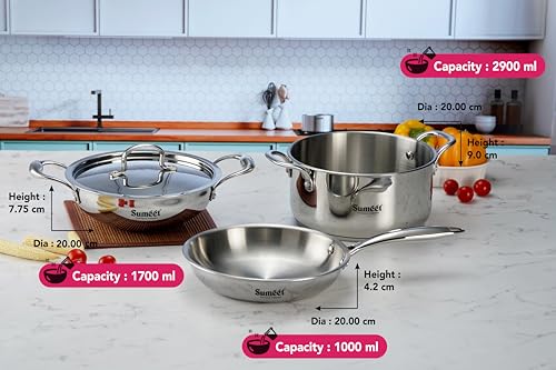 Sumeet Cook Smart TriPly Stainless Steel 4Pc Induction Base Cookware Set of Deep Kadai - 20cm - 1.7L, Frypan - 20Cm - 1 LTR, Casserole - 20cm - 2.9Ltr & Steel Lid, Pack of 4, Silver