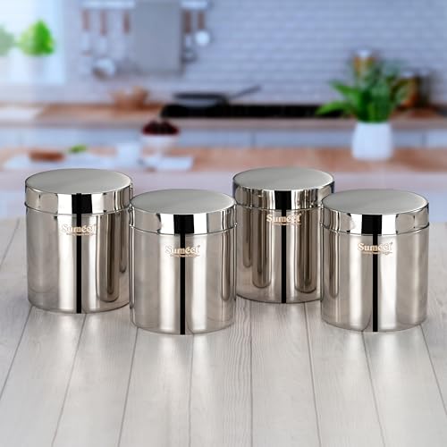 Sumeet Stainless Steel Containers/Jars/Dabba for Kitchen Storage with Lids - set of 4Pcs, 1250ml capacity, 11.5cm Dia, Silver