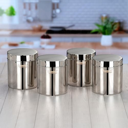 Sumeet Stainless Steel Containers/Jars/Dabba for Kitchen Storage with Lids - set of 4Pcs, 1800ml capacity, 13.3cm Dia, Silver