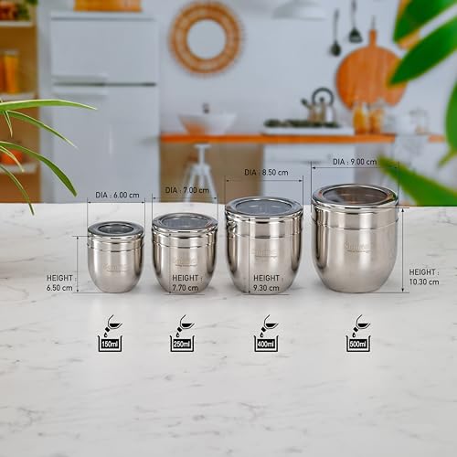 Sumeet Stainless Steel Conical Shape Canisters/Dabba/Storage Containers for Kitchen with See Through Lid, Set of 4 Pcs (150ml-6cm Dia-1Pc, 250ml-7cm Dia-1Pc, 400ml-8.5cm 1Pc, 500ml-9cm 1Pc)- Silver