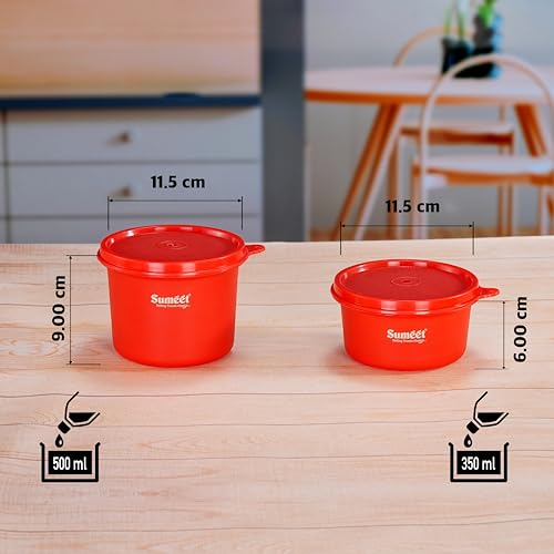 Sumeet ISI Certified Inside Steel Microwave Safe BPA Free Lunch Boxes/Storage Containers with Air Tight & Leak Proof Lid for Home/Office/School, 350ml & 500ml Set of 2, Red
