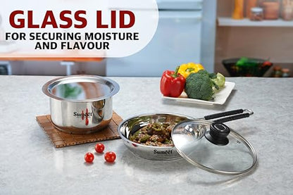 Sumeet Stainless Steel Induction Bottom Gas Stove & Induction Friendly 4PC Cookware Set, Frypan 1250ml / 20cm, Tope 1700ml / 20cm, with 1Glass Lid &1 Steel Lid, Pack of 4, Silver