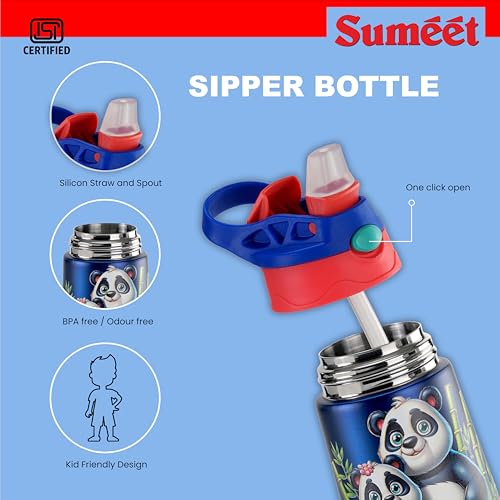 Sumeet ISI Certified Insulated Hot & Cold Stainless Steel, Leak Proof, Lightweight, Sipper Water Bottle for School Kids - PandaSip, 350ml - Yellow