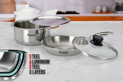 Sumeet Cook Smart TriPly Stainless Steel 4Pc Induction Base Cookware Set of Frypan - 20Cm - 1 LTR, Tope 18cm, 2 LTR with Glass Lid & Steel Lid, Pack of 4, Silver