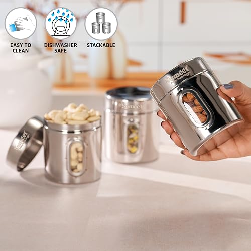 Sumeet Stainless Steel Small Containers/Jars/Dabba for Kitchen Storage with See Through Window - set of 3Pcs, 310ml capacity each, 7.3cm Dia, Silver