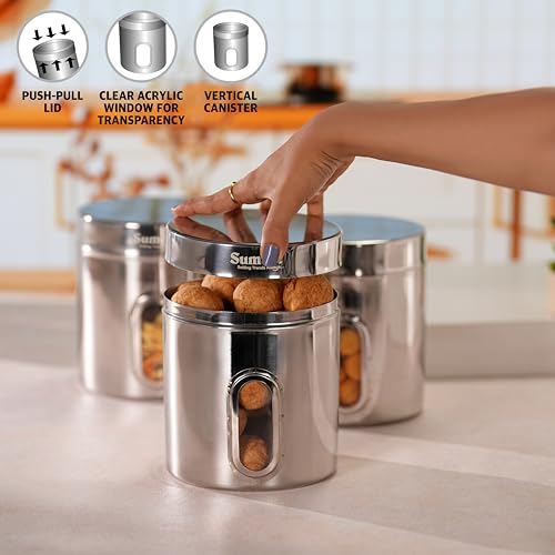 Sumeet Stainless Steel Small Containers/Jars/Dabba for Kitchen Storage with See Through Window - set of 3Pcs, 1820ml capacity each, 13.3cm Dia, Silver