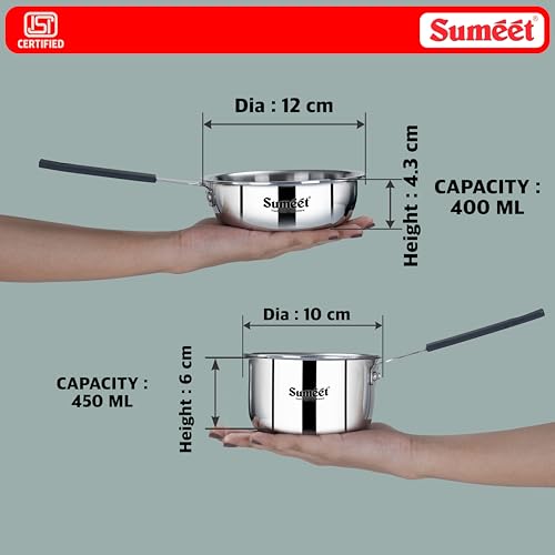 Sumeet Cook Smart ISI Certified Tri-Ply (Steel - Aluminium - Steel) Set of 3 Pcs Mini FryingTadka Pan 400ml - SauceTadka Pan 450ml with Silicon Grip | Induction & Gas Friendly | 2.5mm Thick, Silver