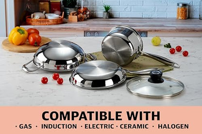 Sumeet Cook Smart TriPly Stainless Steel 4Pc Induction Base Cookware Set of Deep Kadai - 20cm - 1.7L, Frypan - 20Cm - 1 LTR, Saucepan - 14Cm - 1.150 LTR & Glass Lid, Pack of 4, Silver