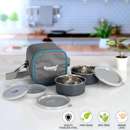 Sumeet EPULO Lunch Box Tiffin with Microwave Safe and Leak Proof 2 Inner Steel Containers + 1 Plastic Chutney/Pickel Container with BPA Free Air Tight Lids - 420ml & Insulated Fabric Bag, Grey