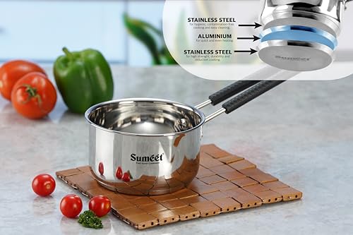 Sumeet Stainless Steel Induction Bottom Gas Stove & Induction Friendly Saucepan with Bacelite wire handle, 900ml, 12 cm Dia, Silver