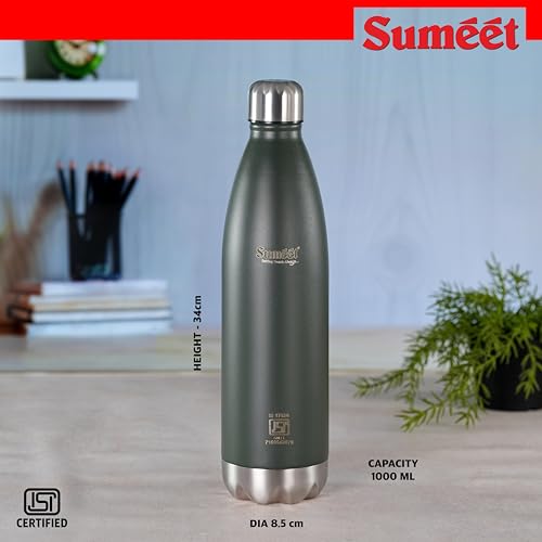 Sumeet Thermo1000 ISI Certified Stainless Steel Hot & Cold Double Walled Leak Proof Vacuum Flask/Water Bottle for Office/School/College/Gym/Picnic/Home/Trekking- 1000ml, Green