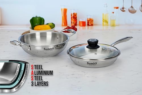 Sumeet Cook Smart TriPly Stainless Steel 3Pc Induction Base Cookware Set of Deep Kadai - 20cm - 1.7L, Frypan - 20Cm - 1 LTR & Glass Lid, Pack of 3, Silver