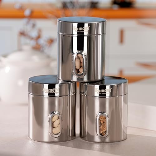 Sumeet Stainless Steel Small Containers/Jars/Dabba for Kitchen Storage with See Through Window - set of 3Pcs, 700ml capacity each, 9.5cm Dia, Silver