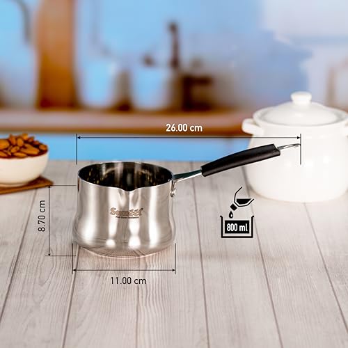 Sumeet ISI Certified Stainless Steel Heavy Gauge Coffee/Tea Maker, Milk Warmer Pot with Even & Faster Heating, Food Safe, Durable, Easy to Pour - Induction & Gas Stove Ready - 11cm, 800ml, Silver