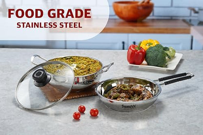 Sumeet Stainless Steel Induction Bottom Gas Stove & Induction Friendly 3PC Cookware Set, Kadai - 1500ml / 20cm, Frypan 1250ml / 20cm with Glass Lid, Pack of 3, Silver