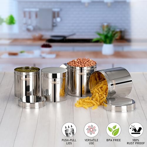 Sumeet Stainless Steel Containers/Jars/Dabba for Kitchen Storage with Lids - set of 4Pcs, 1250ml + 1800ml capacity, 11.5cm & 13.3cm Dia, Silver