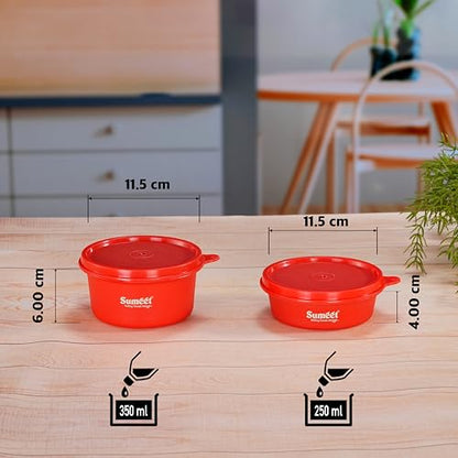 Sumeet ISI Certified Inside Steel Microwave Safe BPA Free Lunch Boxes/Storage Containers with Air Tight & Leak Proof Lid for Home/Office/School, 250ml & 350ml Set of 2, Red
