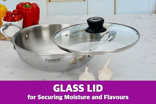 Sumeet Cook Smart TriPly Stainless Steel Induction Base Deep Kadai with Glass Lid - 3.5 LTR - 26Cm, Pack of 1, Silver