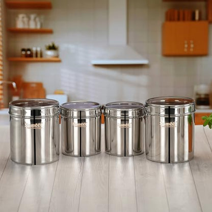 Sumeet Stainless Steel Containers/Jars/Dabba for Kitchen Storage with See Through Lids - set of 4Pcs, 1350ml + 2050ml capacity, 11.7cm & 13.5cm Dia, Silver