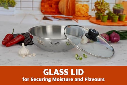 Sumeet Cook Smart TriPly Stainless Steel Induction Base Deep Tasra with Glass Lid - 5.550 LTR - 30Cm, Pack of 1, Silver