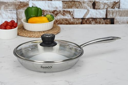 Sumeet Cook Smart TriPly Stainless Steel Induction Base Frypan with Glass Lid - 1.4 LTR - 22Cm, Pack of 1, Silver