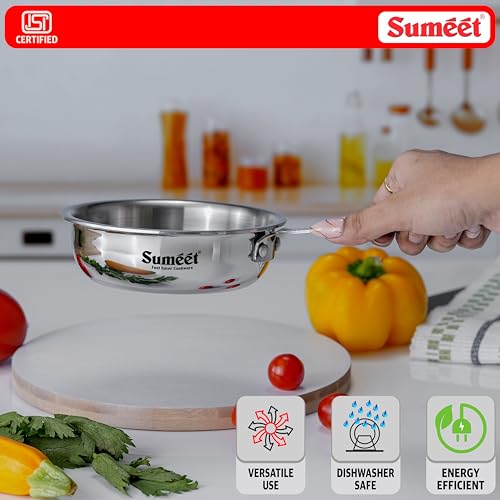 Sumeet Cook Smart ISI Certified Tri-Ply (Steel - Aluminium - Steel) Mini FryingTadka Pan with Silicon Grip | Induction and Gas Friendly | 2.5mm Thick | 400ml -12Cm, Silver
