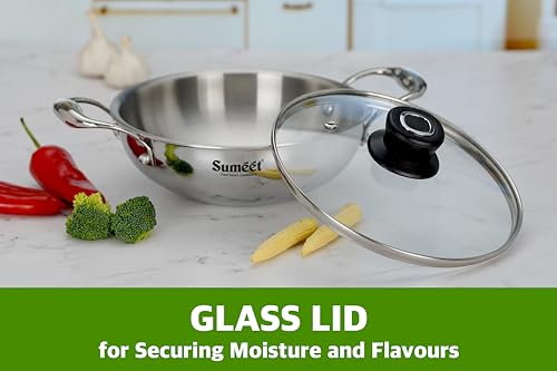 Sumeet Cook Smart TriPly Stainless Steel Induction Base Deep Kadai with Glass Lid - 1.4 LTR - 18Cm, Pack of 1, Silver