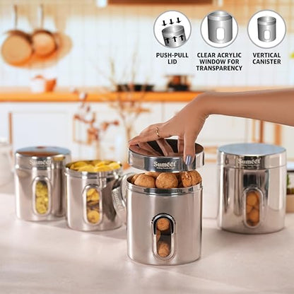 Sumeet Stainless Steel Small Containers/Jars/Dabba for Kitchen Storage with See Through Window - set of 4Pcs, 1100ml + 1820ml capacity, 11.5cm & 13.3cm Dia, Silver