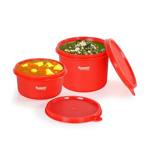 Sumeet ISI Certified Inside Steel Microwave Safe BPA Free Lunch Boxes/Storage Containers with Air Tight & Leak Proof Lid for Home/Office/School, 350ml & 500ml Set of 2, Red