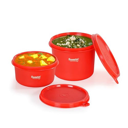 Sumeet ISI Certified Inside Steel Microwave Safe BPA Free Lunch Boxes/Storage Containers with Air Tight & Leak Proof Lid for Home/Office/School, 350ml & 500ml Set of 2, Red