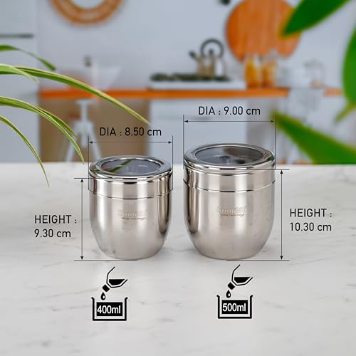 Sumeet Stainless Steel Conical Shape Canisters/Dabba/Storage Containers for Kitchen with See Through Lid, Set of 2 Pcs, (400ml-8.5cm Dia-1Pc & 500ml-9cm Dia-1Pc), Silver