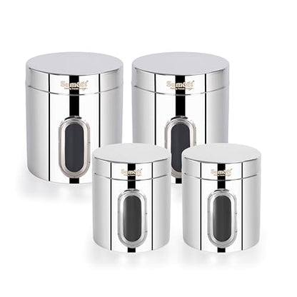 Sumeet Stainless Steel Small Containers/Jars/Dabba for Kitchen Storage with See Through Window - set of 4Pcs, 1100ml + 1820ml capacity, 11.5cm & 13.3cm Dia, Silver