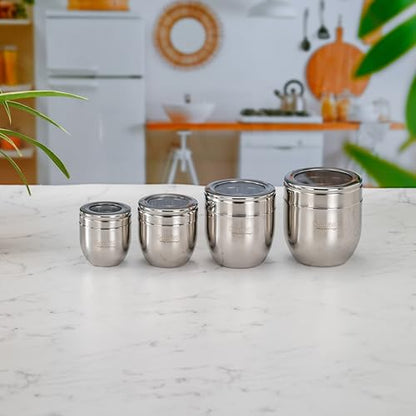 Sumeet Stainless Steel Conical Shape Canisters/Dabba/Storage Containers for Kitchen with See Through Lid, Set of 4 Pcs (150ml-6cm Dia-1Pc, 250ml-7cm Dia-1Pc, 400ml-8.5cm 1Pc, 500ml-9cm 1Pc)- Silver