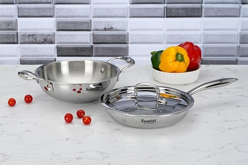 Sumeet Cook Smart TriPly Stainless Steel 3Pc Induction Base Cookware Set of Deep Kadai - 20cm - 1.7L, Frypan - 20Cm - 1 LTR & Steel Lid, Pack of 3, Silver