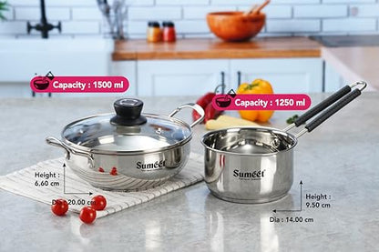 Sumeet Stainless Steel Induction Bottom Gas Stove & Induction Friendly 3PC Cookware Set, Kadai - 1500ml / 20cm, Saucepan 1250ml / 14cm with Glass Lid, Pack of 3, Silver