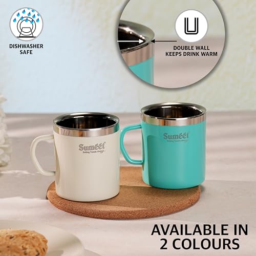 Sumeet Stainless Steel Coloured Double Wall Tea/Milk/Coffee Mug Set of 2Pc - 300ml - Green