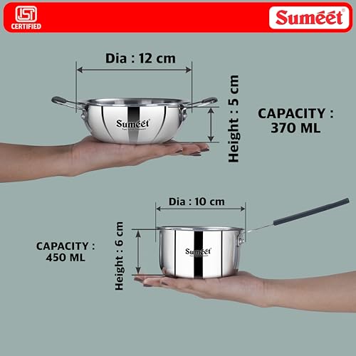 Sumeet Cook Smart ISI Certified Tri-Ply (Steel - Aluminium - Steel) Set of 3 Pcs Mini Kadai 370ml - SauceTadka Pan 450ml with Silicon Grip | Induction and Gas Friendly | 2.5mm Thick, Silver