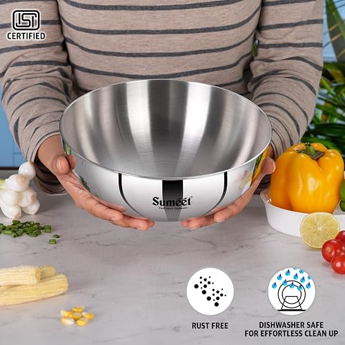 Sumeet ISI Certified Cook Smart TriPly Steel-Aluminium-Steel 3 Layer Round Bottom Tasra - 22cm, 2.350Ltr, Silver