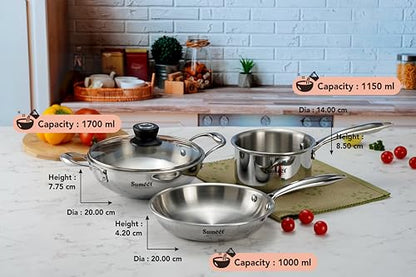 Sumeet Cook Smart TriPly Stainless Steel 4Pc Induction Base Cookware Set of Deep Kadai - 20cm - 1.7L, Frypan - 20Cm - 1 LTR, Saucepan - 14Cm - 1.150 LTR & Glass Lid, Pack of 4, Silver